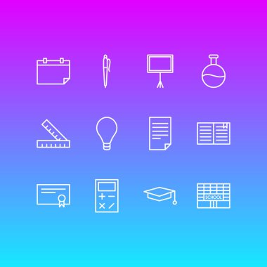 12 bilim simgeler vektör Illustration. Diploma, metre, ders kitabı ve diğer öğeleri düzenlenebilir paketi.