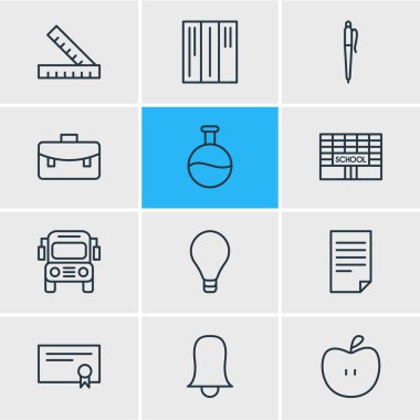 12 Eğitim simgeler vektör Illustration. Araba, okul, meyve ve diğer öğeleri düzenlenebilir paketi.