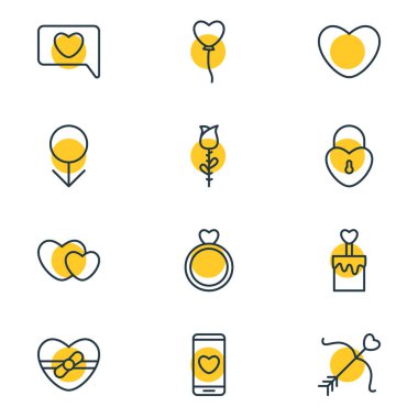 12 tutku simgeler vektör Illustration. Nişan, bugünü, gül ve diğer öğeleri düzenlenebilir sürüsü.