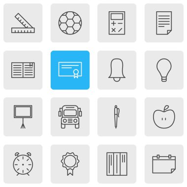 16 çalışmalar simgeler vektör Illustration. Kağıt, Jingle, ders kitabı ve diğer öğeleri düzenlenebilir paketi.