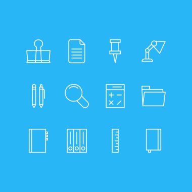 12 araçları simgeler vektör Illustration. Arşiv, ışığı, kalem ve diğer öğeleri düzenlenebilir paketi.