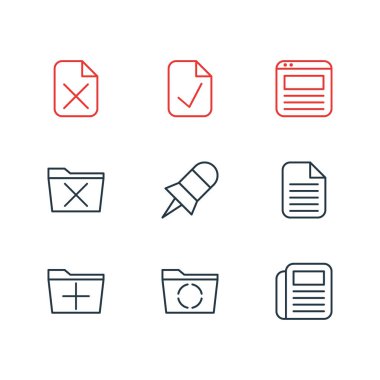 9 çalışma alanı simgeler vektör Illustration. Düzenlenebilir paket, günlük, yükleme ve diğer öğeleri yapılır.