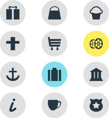 Check-In 12 simgeler vektör Illustration. Düzenlenebilir paketi hediye, polis, alışveriş sepeti ve diğer öğeleri.