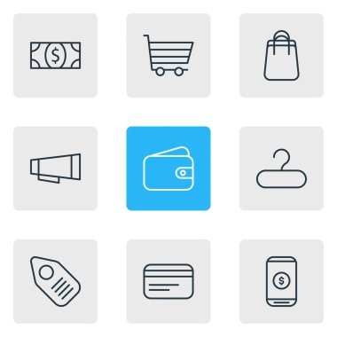 9 ticaret simgeler vektör Illustration. Cüzdan, kutu, sikke ve diğer öğeleri düzenlenebilir sürüsü.