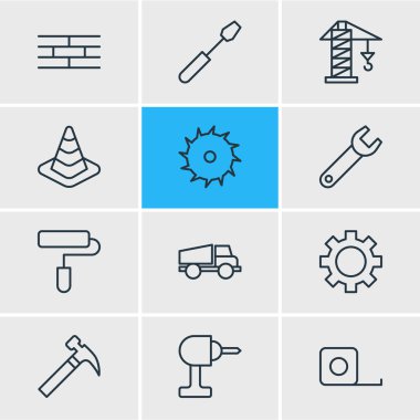 12 sanayi simgeler vektör Illustration. Somun anahtarı, silindir, bariyer ve diğer öğeleri düzenlenebilir paketi.