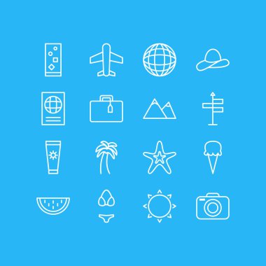 16 yaz simgeler vektör Illustration. Kavun, sertifika, mayo ve diğer öğeleri düzenlenebilir paketi.