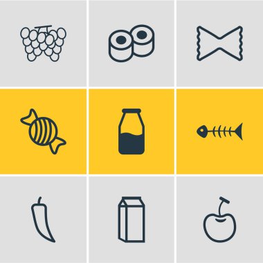 9 gıda simgeler vektör Illustration. Karamel, Cruet, biber ve diğer öğeleri düzenlenebilir paketi.