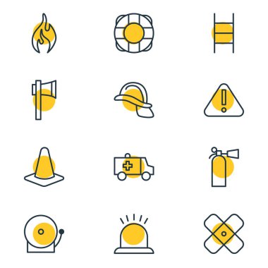 12 acil simgeler vektör Illustration. Ünlem işareti, Siren, Ax ve diğer öğeleri düzenlenebilir paketi.