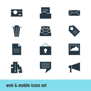 12 Online simgeler vektör Illustration. Anahtar deliği, çöp kutusu, harf ve diğer öğeleri düzenlenebilir paketi.