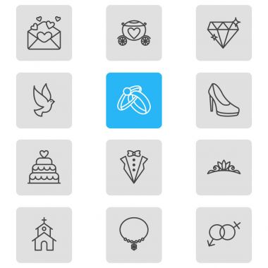 12 evlilik simgeler vektör Illustration. Düzenlenebilir paket takı, Pastane, damat elbise ve diğer öğeleri.