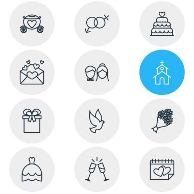 12 evlilik simgeler vektör Illustration. Bina, çift, pastane ve diğer öğeleri düzenlenebilir paketi.