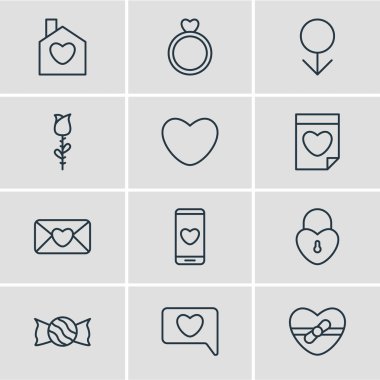 12 tutku simgeler vektör Illustration. Düzenlenebilir paket ev, Rose, erkek ve diğer öğeleri.