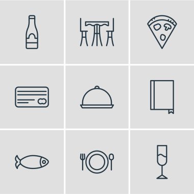 9 yemek simgeler vektör Illustration. Pepperoni, kitap, şarap ve diğer öğeleri düzenlenebilir paketi.