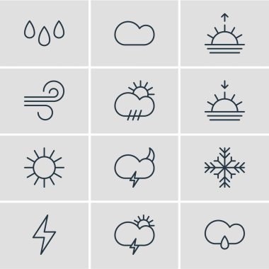 12 gökyüzü simgeler vektör Illustration. Hava, damla, bulutlu ve diğer unsurları düzenlenebilir sürüsü.
