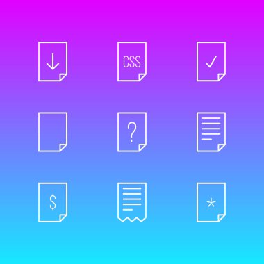 9 sayfa simgeler vektör Illustration. Soru, klasör, dolar ve diğer öğeleri düzenlenebilir paketi.