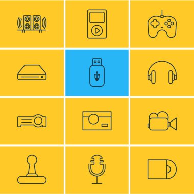 12 Aksesuar simgeler vektör Illustration. Bellek depolama, hoparlör, kulaklık ve diğer öğeleri düzenlenebilir paketi.