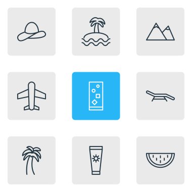 9 Sezon simgeler vektör Illustration. Uçak, Longue, Anti-güneş kremi ve diğer öğeleri düzenlenebilir paketi.