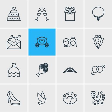 16 evlilik simgeler vektör Illustration. Aşk, savaş arabası, takı ve diğer öğeleri düzenlenebilir paketi.