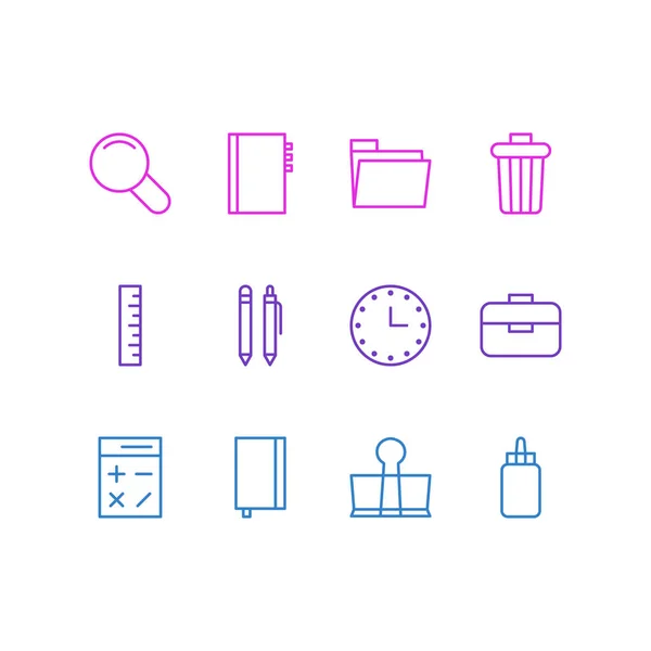 Vektorillustration von 12 Symbolen für Werkzeuge. editierbares Paket aus Messgerät, Copybook, Zoom und anderen Elementen. — Stockvektor