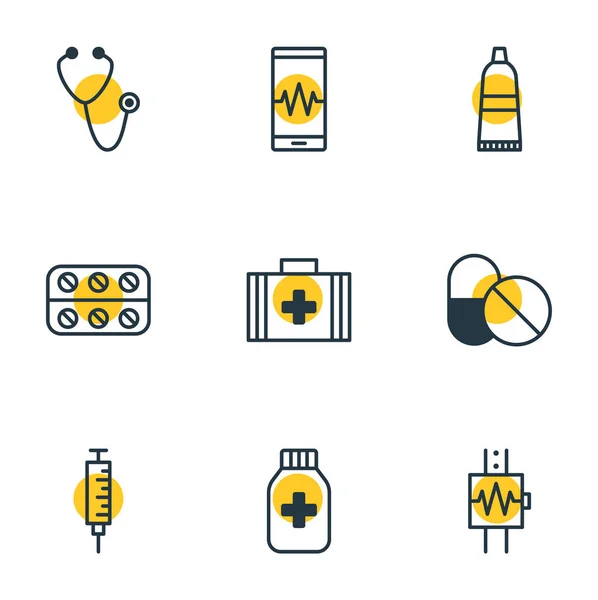 Ilustracja wektorowa 9 ikon zdrowia. Edytowalne Pack medycyna Jar, rury, pigułki i inne elementy. — Wektor stockowy