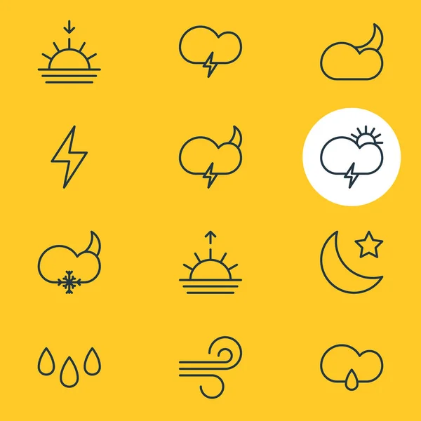 Vectorillustratie van 12 Sky pictogrammen. Bewerkbare Pack van Breeze, catastroferisico, bliksem en andere elementen. — Stockvector