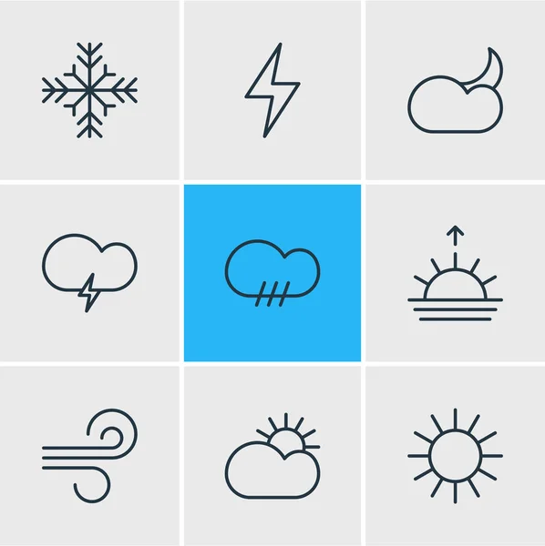 Ilustración vectorial de 9 iconos meteorológicos. Paquete editable de brisa, nieve, sol y otros elementos . — Vector de stock