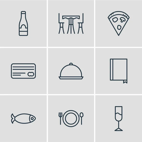9 étkezési ikonok vektoros illusztráció. Szerkeszthető Pack, Pepperoni, könyv, bor és egyéb elemek. — Stock Vector