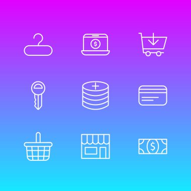 9 ticaret simgeler vektör Illustration. Pottle, ödeme, Pazar ve diğer öğeleri düzenlenebilir paketi.