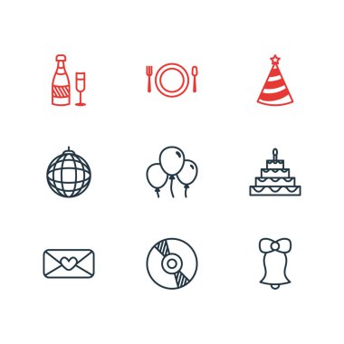 9 parti simgeler vektör Illustration. Gece kulübünde top, çatal bıçak takımı, pastane ve diğer öğeleri düzenlenebilir paketi.