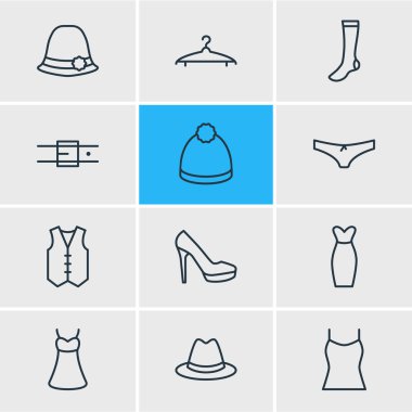 12 elbise simgeler vektör Illustration. Külot, gece elbisesi, çorap ve diğer öğeleri düzenlenebilir paketi.