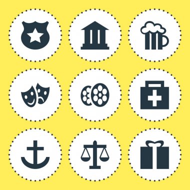 9 harita simgeler vektör Illustration. Eczane, maskeler, polis ve diğer öğeleri düzenlenebilir paketi.