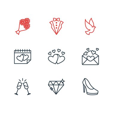 9 düğün simgeler vektör Illustration. Aşk, bardağı, güvercin ve diğer öğeleri düzenlenebilir paketi.