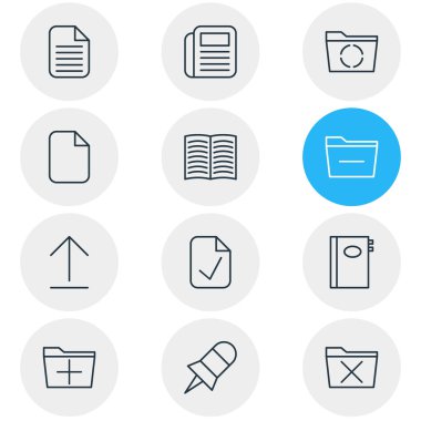 12 Office simgeler vektör Illustration. Düzenlenebilir paket Ekle, günlük, yükleme ve diğer öğeleri.