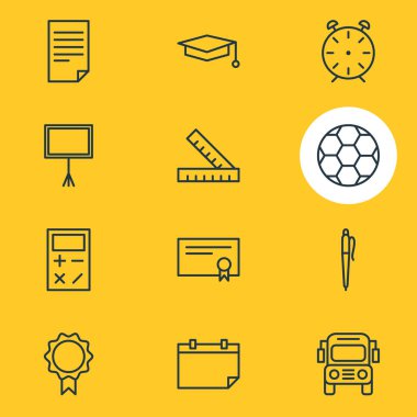 12 Eğitim simgeler vektör Illustration. Düzenlenebilir paket tarihi, kalem, futbol ve diğer öğeleri.