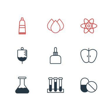 9 tıp simgeler vektör Illustration. İlaç sürahi, damlama, taze meyve ve diğer öğeleri düzenlenebilir paketi.