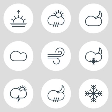 9 gökyüzü simgeler vektör Illustration. Kar tanesi, ay ay, meltem ve diğer öğeleri düzenlenebilir paketi.