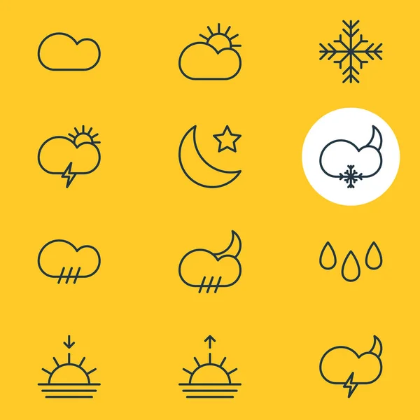 Vector Illustration Of 12 Weather Icons. Editable Pack Of Rainy, Cloud, Sun And Other Elements. — Stock Vector