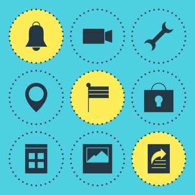 9 Online simgeler vektör Illustration. Anahtar deliği, harita işareti, ayarları ve diğer öğeleri düzenlenebilir paketi.