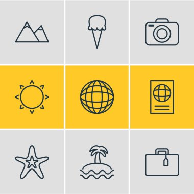 9 yaz simgeler vektör Illustration. Balık, sertifika, güneşli ve diğer öğeleri düzenlenebilir paketi.