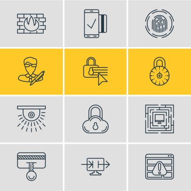 12 güvenlik simgeler vektör Illustration. Parmak tanımlayıcı, sistem güvenliği, güvenlik anahtarı ve diğer öğeleri düzenlenebilir sürüsü.