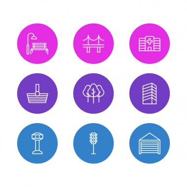 9 simgeler vektör Illustration. Kontrol kulesi, sepet, Park ve diğer öğeleri düzenlenebilir paketi.