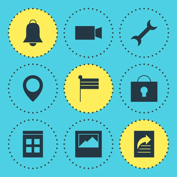 9 Online simgeler vektör Illustration. Anahtar deliği, harita işareti, ayarları ve diğer öğeleri düzenlenebilir paketi.