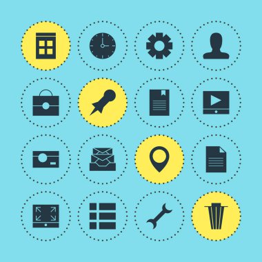 16 Web Simgeler Vektör Illustration. Raptiye, oynat düğmesini, portföy ve diğer öğeleri düzenlenebilir paketi.