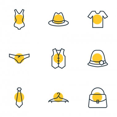 9 giyim simgeler vektör Illustration. Rahat, yelek, el çantası öğeleri düzenlenebilir paketi.