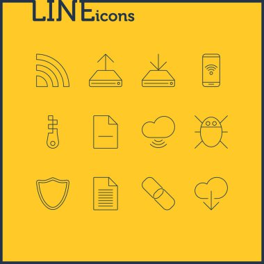 12 Internet simgeler vektör Illustration. Bilgisayar virüsü, kablosuz ağ, dosya kaldırma ve diğer öğeleri düzenlenebilir paketi.