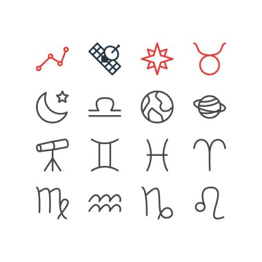 16 Astroloji simgeler vektör Illustration. Boğa, uydu, Zoom cam ve diğer öğeleri düzenlenebilir paketi.