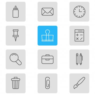 12 araçları simgeler vektör Illustration. Çöp konteyner, Zoom, ciltçi klibini ve diğer öğeleri düzenlenebilir paketi.