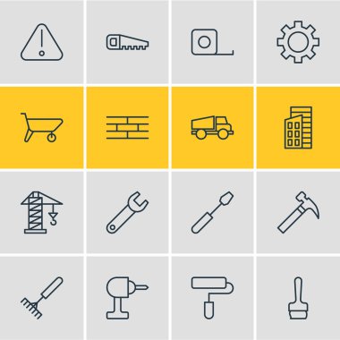 16 inşaat simgeler vektör Illustration. Ölçü birimi bant, bariyer, düzenlenebilir paketi açmak vida ve diğer öğeleri.