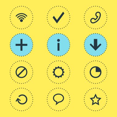 12 üye simgeler vektör Illustration. Yıldız işareti, kablosuz bağlantı, dişli ve diğer öğeleri düzenlenebilir paketi.