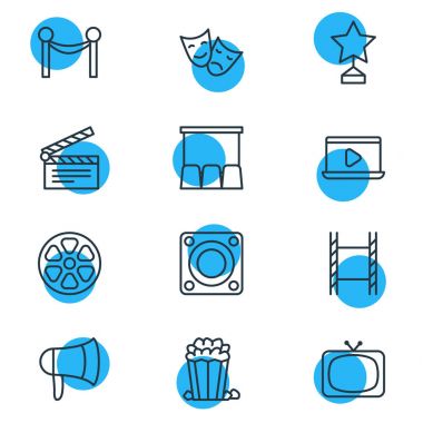 12 sinema simgeler vektör Illustration. Monitör, Snack, tokmağı ve diğer öğeleri düzenlenebilir sürüsü.